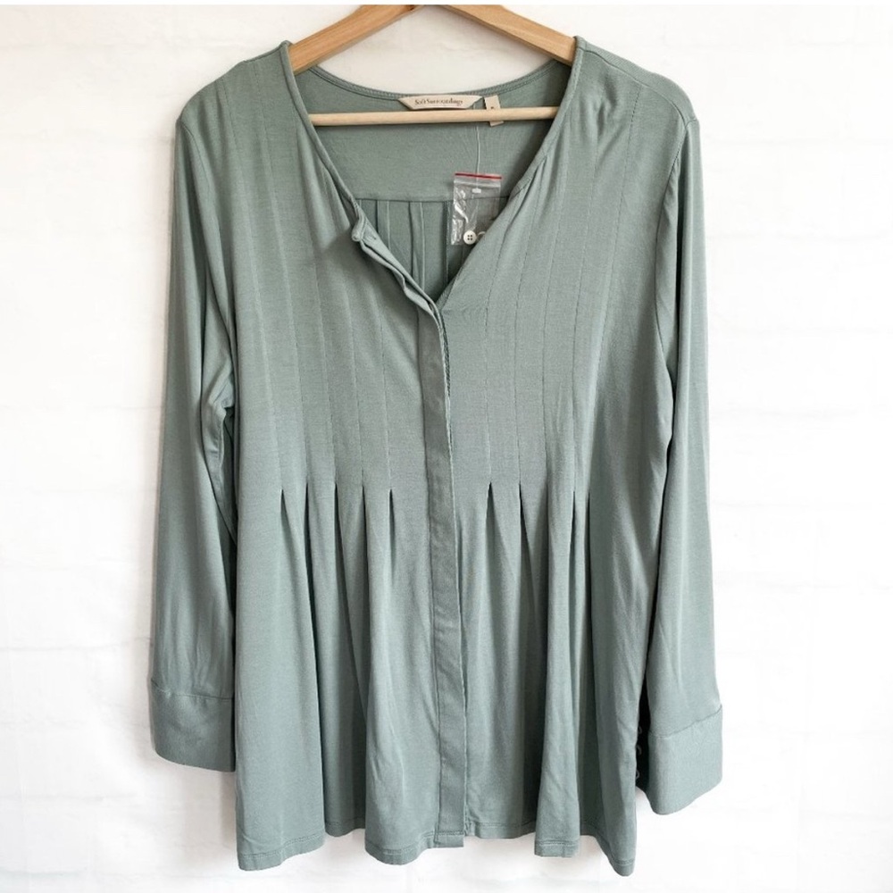Soft Surroundings Pleated Button Down Top Sage Dusty Teal 3CA11 NEW